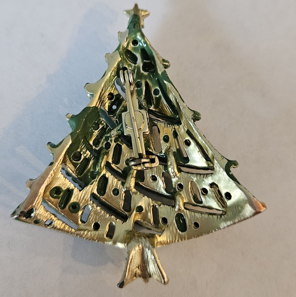 Christmas Tree Brooch Pin Enamel Rhinestones - Picture 6 of 9